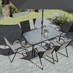 6 Seater Grey Metal Stackable Garden Set À Manger Avec Parasol Gratuit Et Bas Ftr008