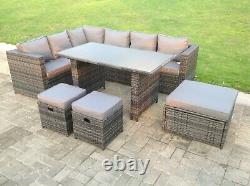 9 Seater Rattan Corner Sofa Garden Furniture Dining Table Set Footstools Gris