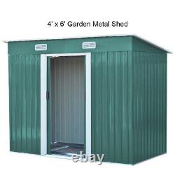 Abri de jardin en métal 4x6 pieds avec toit en pente et base de fondation gratuite pour le stockage des outils de la maison.