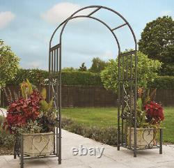 Arc de jardin en métal orné avec jardinières, plantes grimpantes, L214 x P50 x H204cm