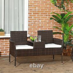 Banc de jardin en rotin Outsunny avec table basse en verre à thé, chaise en osier avec coussins, brun