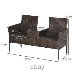 Banc de jardin en rotin Outsunny avec table basse en verre à thé, chaise en osier avec coussins, brun