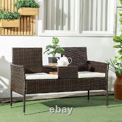 Banc de jardin en rotin Outsunny avec table basse en verre à thé, chaise en osier avec coussins, brun