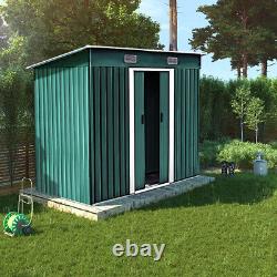 Cabane de jardin en métal vert de 4x8 pieds avec toit en pente, remise de rangement extérieure pour outils avec base