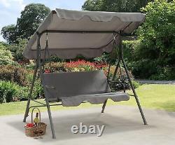 Chaise à bascule de jardin Hortus à 3 places en métal pour terrasse extérieure avec hamac, auvent et siège de banc.