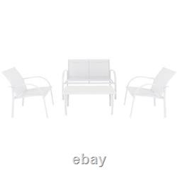 Ensemble de canapé de jardin en métal à 4 places avec table basse extérieure en verre et chaises blanches.