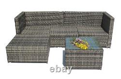 Ensemble de meubles de jardin en rotin avec canapé d'angle, table basse en verre pour patio, gris, 4 places