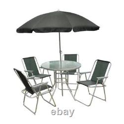Ensemble de mobilier de jardin Textoline pour 4 personnes comprenant 4 chaises et un parasol.