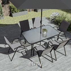 Ensemble de repas de jardin en métal gris à 6 places avec parasol et base