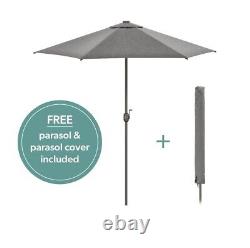 Ensemble de repas de jardin en métal gris à 6 places avec parasol et base