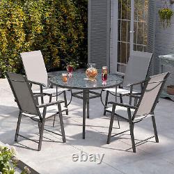 Ensemble de salle à manger de jardin en métal avec table et chaises, parasol en verre pour 2-6 personnes pour les repas en extérieur.