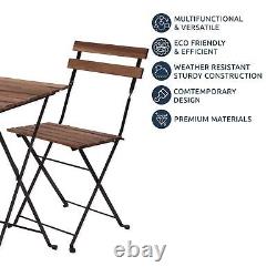 Ensemble de table et chaises de jardin en bois pour bistrot avec cadre métallique noir et pliable pour l'extérieur.