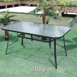 Ensemble de table et chaises noires en métal pour salle à manger extérieure, patio, jardin, avec trou pour parasol.