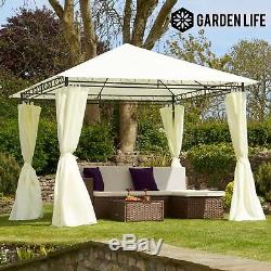 Gazebo En Métal Pavilion Chapiteau Shelter Cream Roof & Curtains 3x3m Garden Life
