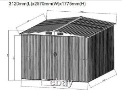 Grand abri de jardin en métal de 10 x 8 pieds avec toit en pente et fondation pour rangement extérieur.