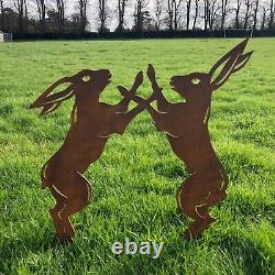 Grande Boxe En Métal Rusty Combattant Hares Jardin Caractéristique Ornement Décoration