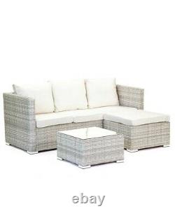 Grey Rattan Sofa Set Glass Top Table Footstool Garden Furniture Coussins Crème