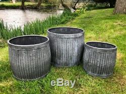 Large Round Vintage Métal Galvanisé Barrel Planters Bain Plante Fleur Pot De Jardin