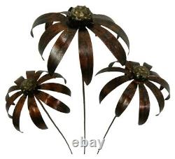 Métal Daisy Fleur Jardin Ornement Ensemble De 3 Echinacea Sur 100cm Bâton Bronze