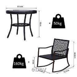 Outsunny 3pc Rattan Bistro Set Garden Wicker Rocking Chair Coffee Table Coussins