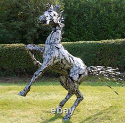 Sculpture équestre étalon sauvage cabré en métal argenté cheval de 1250mm de hauteur