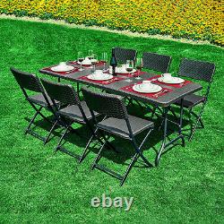 Table de jardin en rotin et ensemble de chaises pliantes pour le camping, le barbecue et les pique-niques. Banc de table.