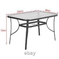 Table de salle à manger de bistrot en verre d'extérieur avec tables de cocktails pour jardin et patio avec trou pour parasol